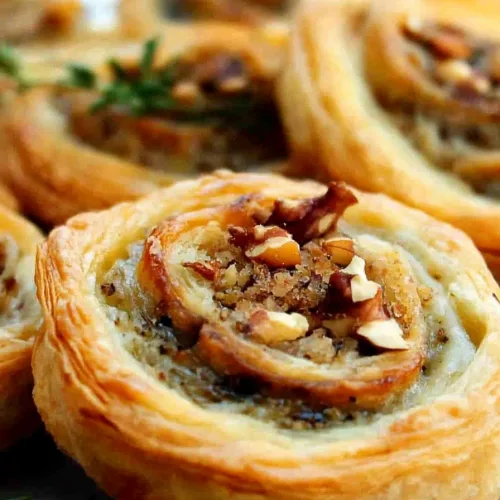 Close-up of flaky pastry spirals showing chopped walnut and creamy center.