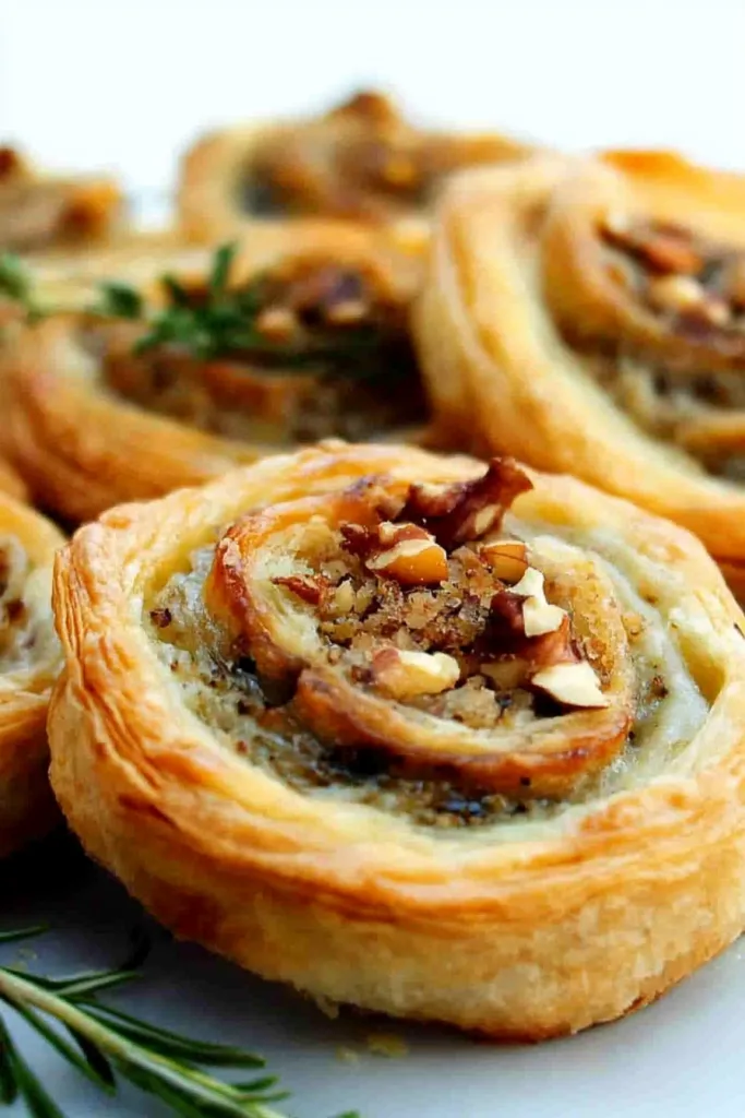 Close-up of flaky pastry spirals showing chopped walnut and creamy center.