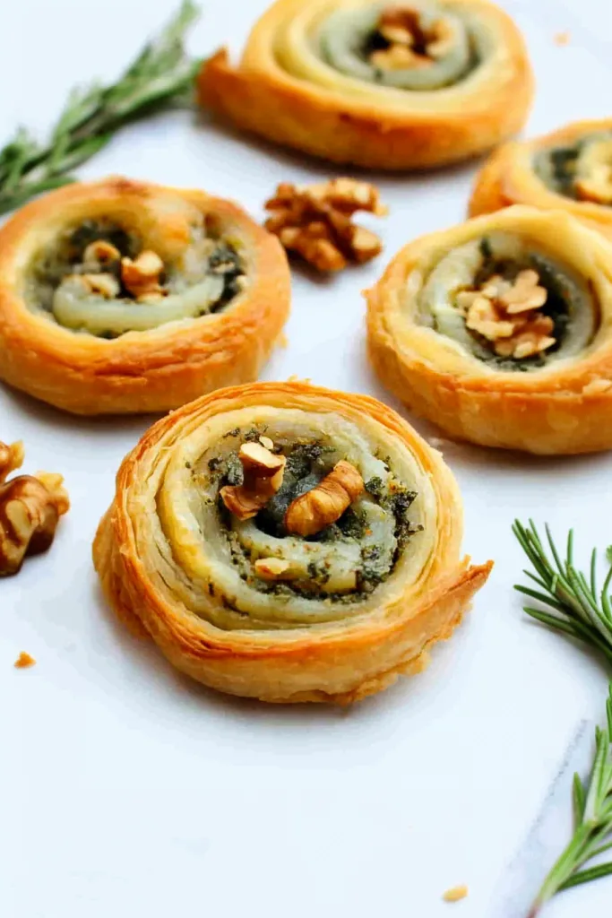 Roquefort and Walnut Puff Pastry Roll with golden crust and textured swirl.