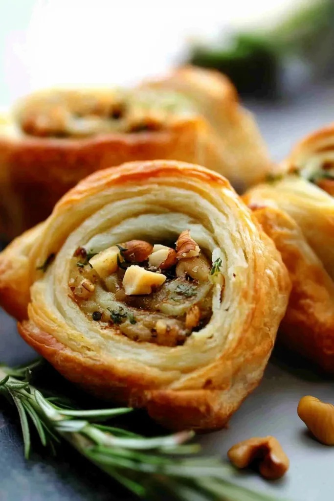 Arrangement of savory pastries highlighting crisp layers and rich filling.