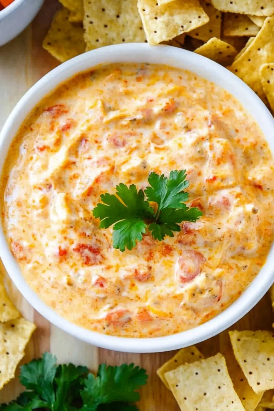Crowd-pleasing game day snack featuring a creamy tomato cheese dip and chips