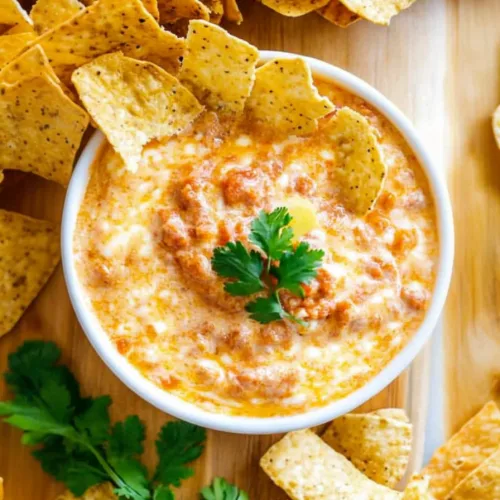 Smooth melted cheese dip with tomatoes and spices paired with crunchy tortilla chips