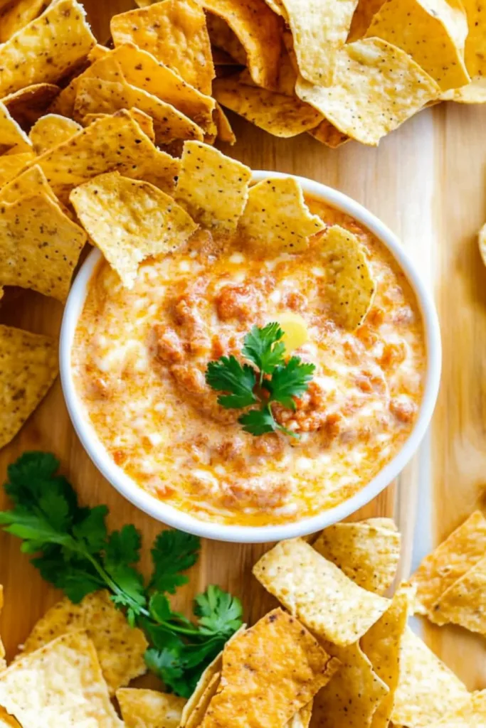 Smooth melted cheese dip with tomatoes and spices paired with crunchy tortilla chips