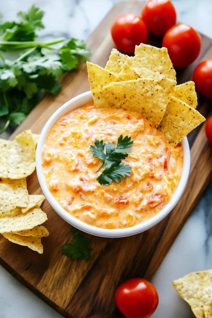 Warm party dip topped with fresh cilantro and surrounded by crispy corn chips