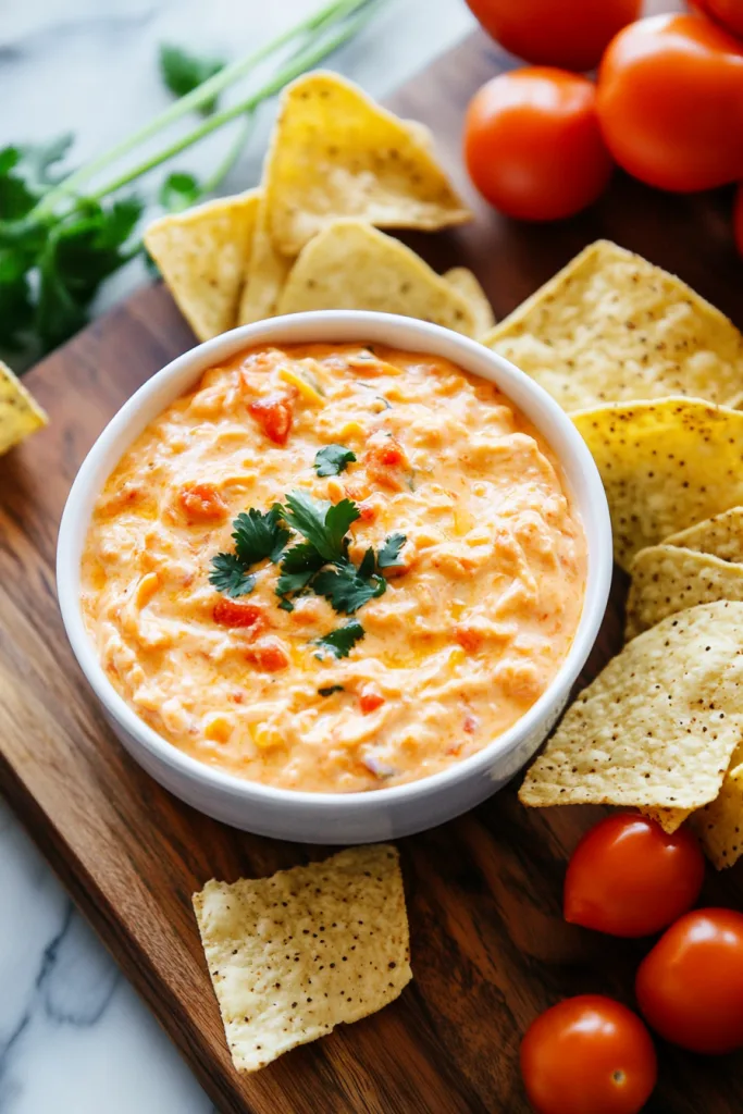 Creamy cheese dip with diced tomatoes and savory seasonings served with tortilla chips