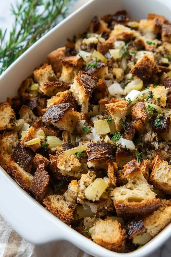 Golden baked bread cubes mixed with herbs and vegetables in a casserole dish