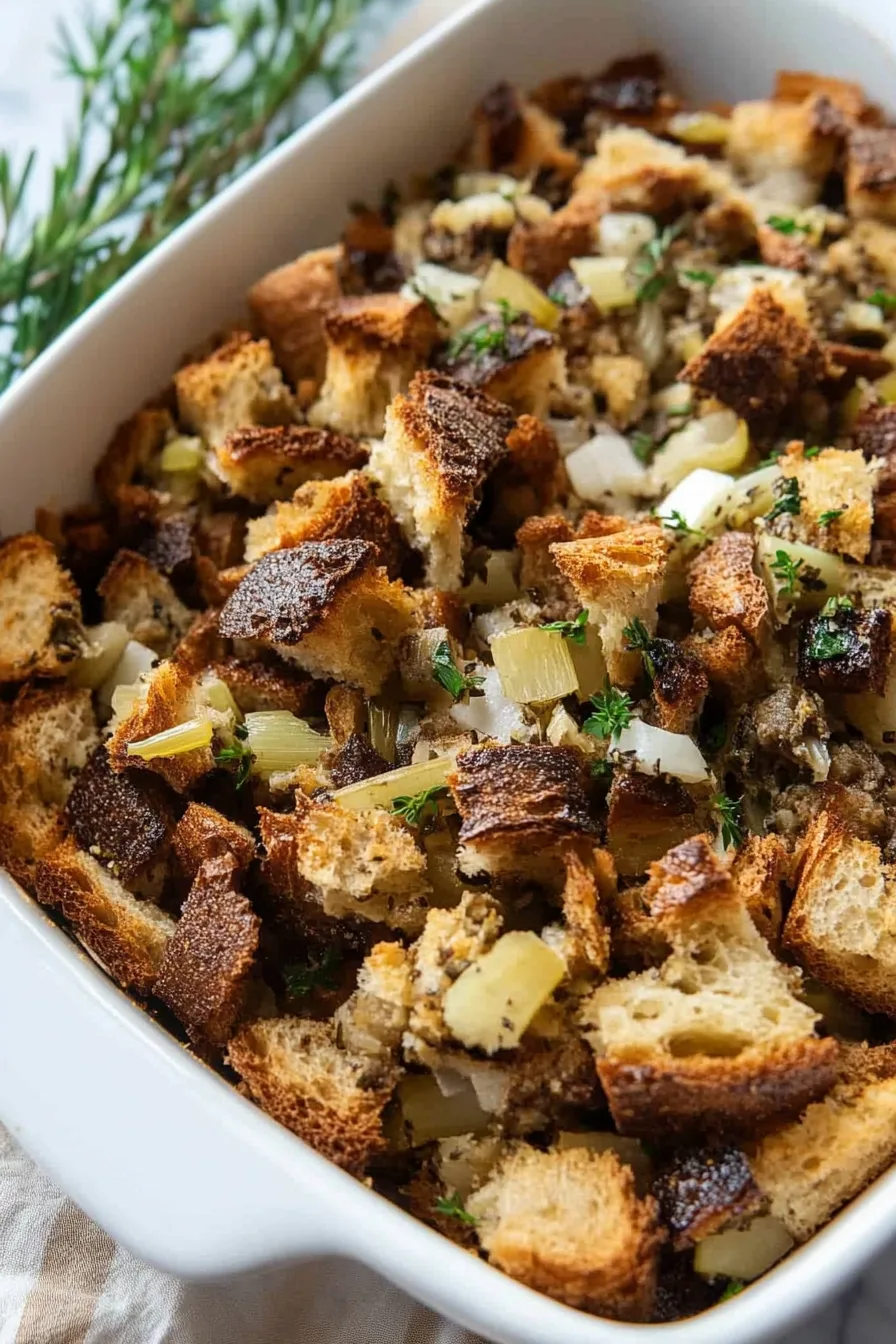 Golden baked bread cubes mixed with herbs and vegetables in a casserole dish