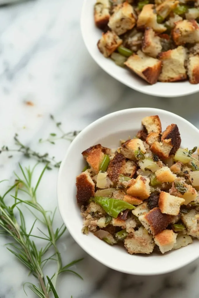 Serving of holiday stuffing highlighting browned bread cubes and savory mixโins