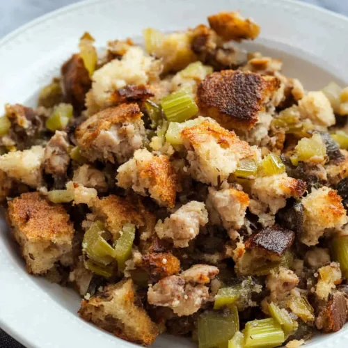 Closeโup of crisp stuffing with celery and onion pieces visible