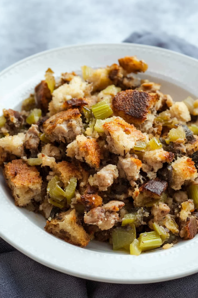 Closeโup of crisp stuffing with celery and onion pieces visible