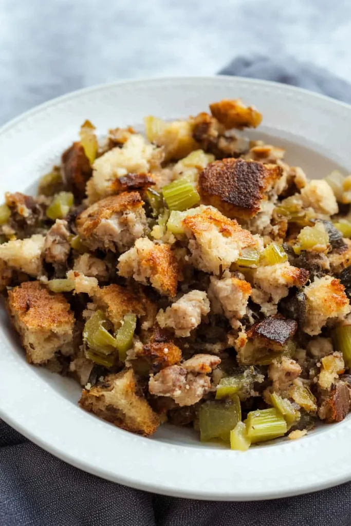 Closeโup of crisp stuffing with celery and onion pieces visible
