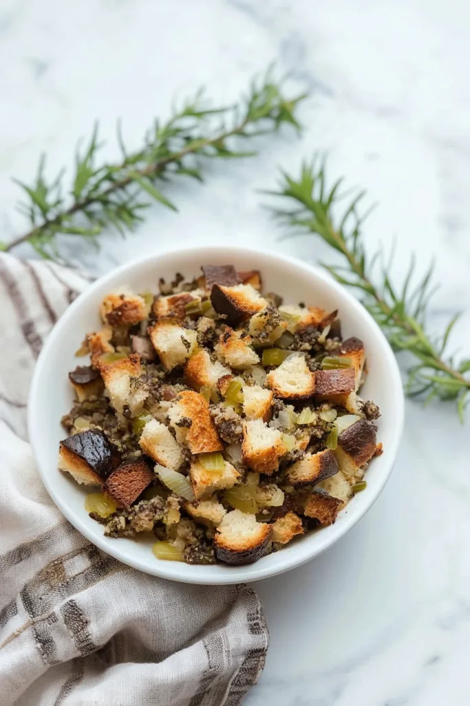 Overhead view of baked bread stuffing showing toasted texture and fresh parsley garnish