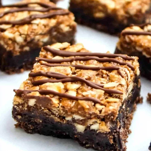 Homemade dessert squares loaded with coconut, caramel, and chocolate flavors