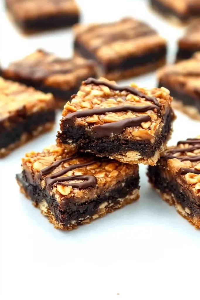 Chocolate-drizzled dessert bars topped with toasted coconut and crunchy cookie pieces