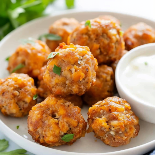 Sausage Balls Recipe plated alongside a small bowl of sauce