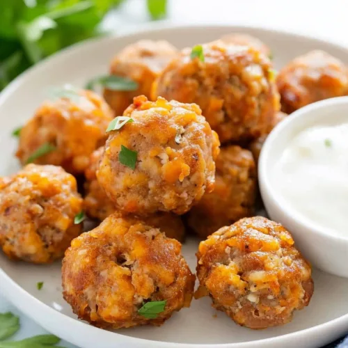 Sausage Balls Recipe plated alongside a small bowl of sauce
