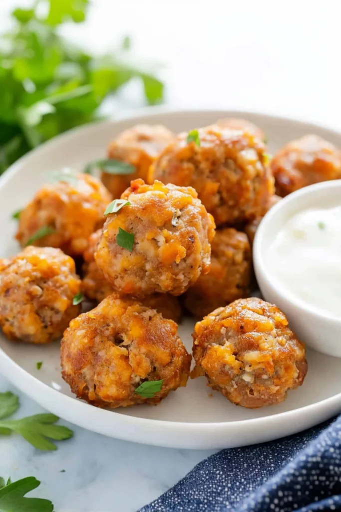 Sausage Balls Recipe plated alongside a small bowl of sauce
