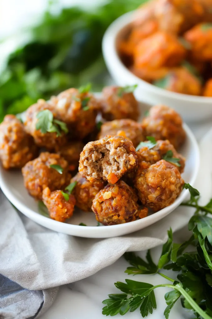 Sausage Balls Recipe plated with fresh herbs in the background