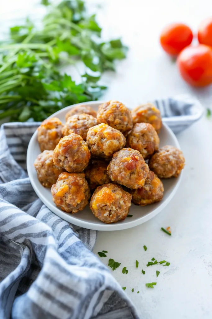 Golden-brown sausage balls with melted cheese served on a white plate