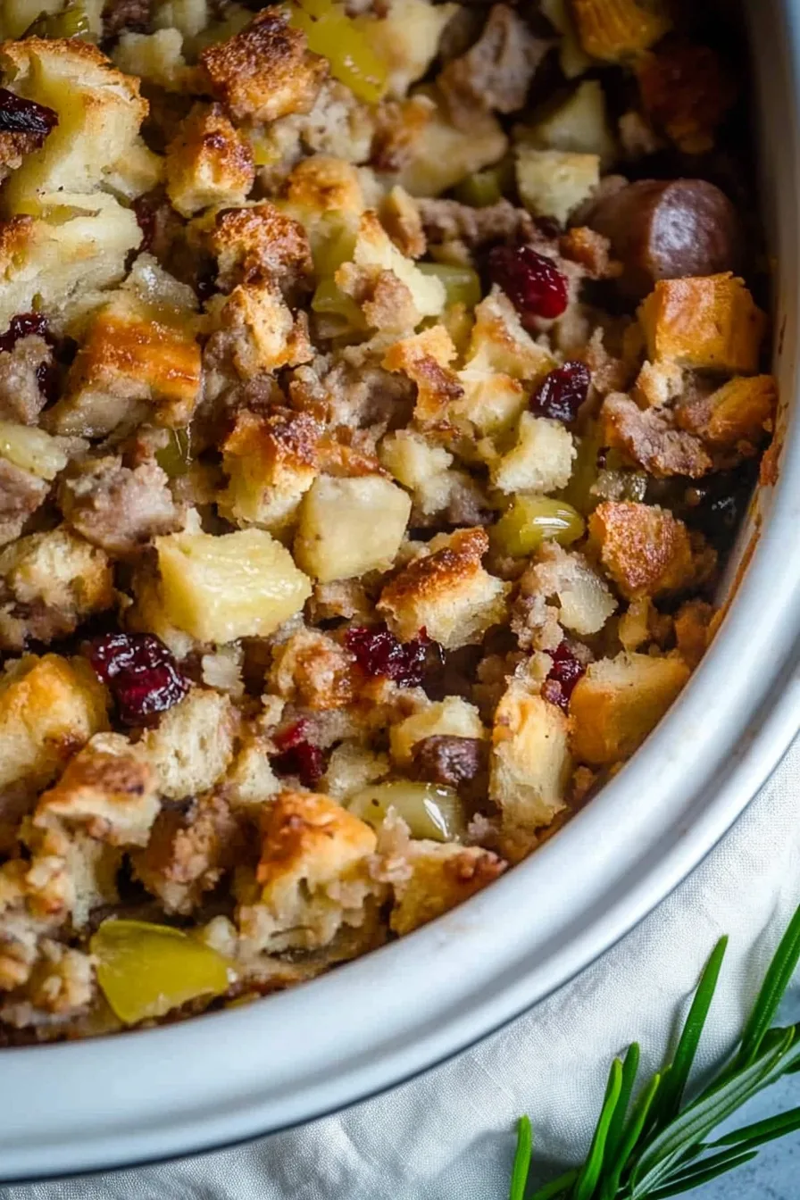 Golden baked stuffing served warm with chunks of sausage and aromatic vegetables.
