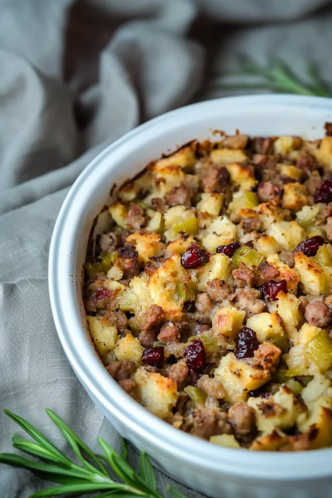 Rustic side dish featuring crispy bread pieces, herbs, and tart dried fruit.
