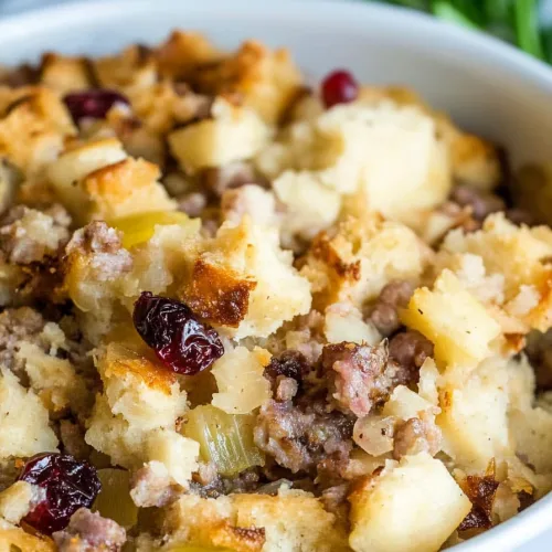 Finished sausage cranberry stuffing recipe ready to serve for Thanksgiving or Christmas dinner.