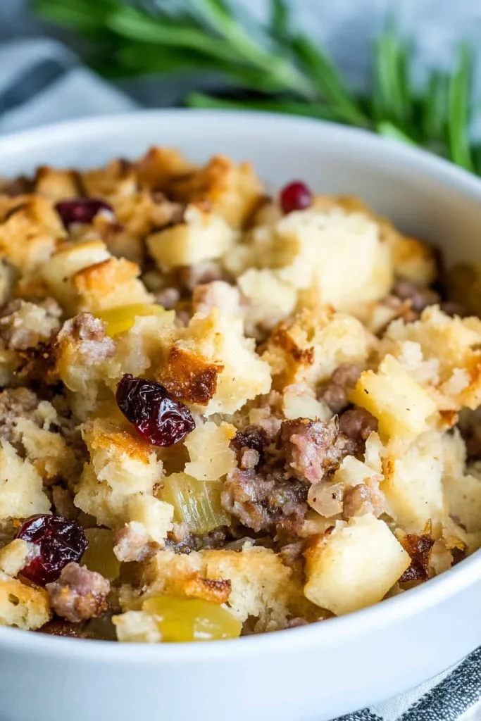 Finished sausage cranberry stuffing recipe ready to serve for Thanksgiving or Christmas dinner.