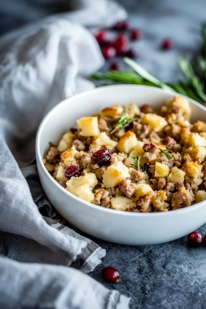 Bowl of homemade bread stuffing with browned sausage, dried cranberries, and celery.
