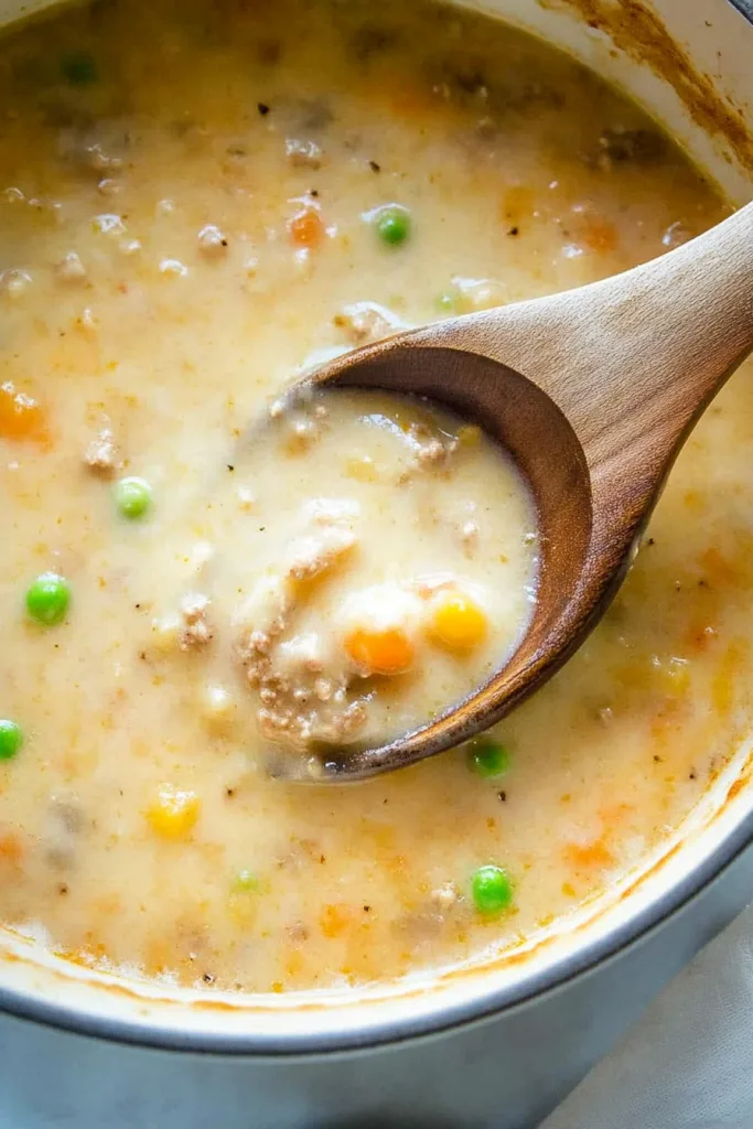 Homemade vegetable and meat soup with a creamy texture and fresh herb garnish.
