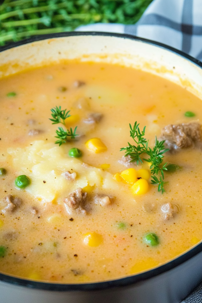 Shepherd’s Pie Soup Recipe served warm with herbs and colorful mixed vegetables.