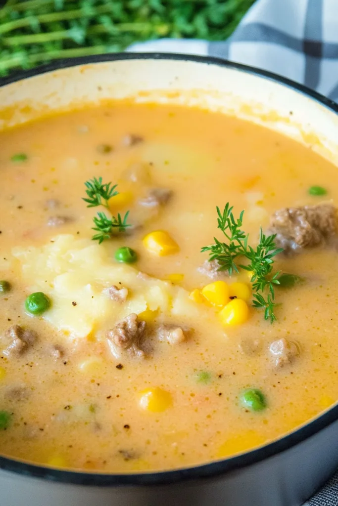 Shepherd’s Pie Soup Recipe served warm with herbs and colorful mixed vegetables.