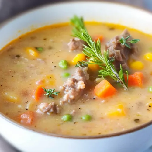 Creamy meat and vegetable soup garnished with fresh rosemary in a white bowl.
