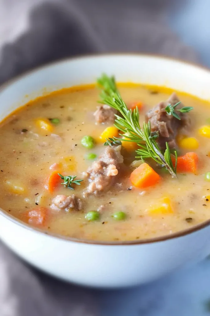 Creamy meat and vegetable soup garnished with fresh rosemary in a white bowl.
