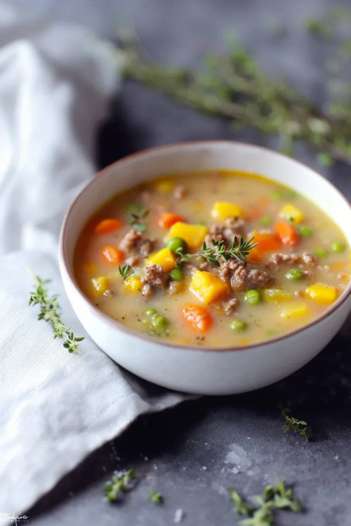Hearty comfort food soup with tender beef, carrots, peas, and sweet corn.