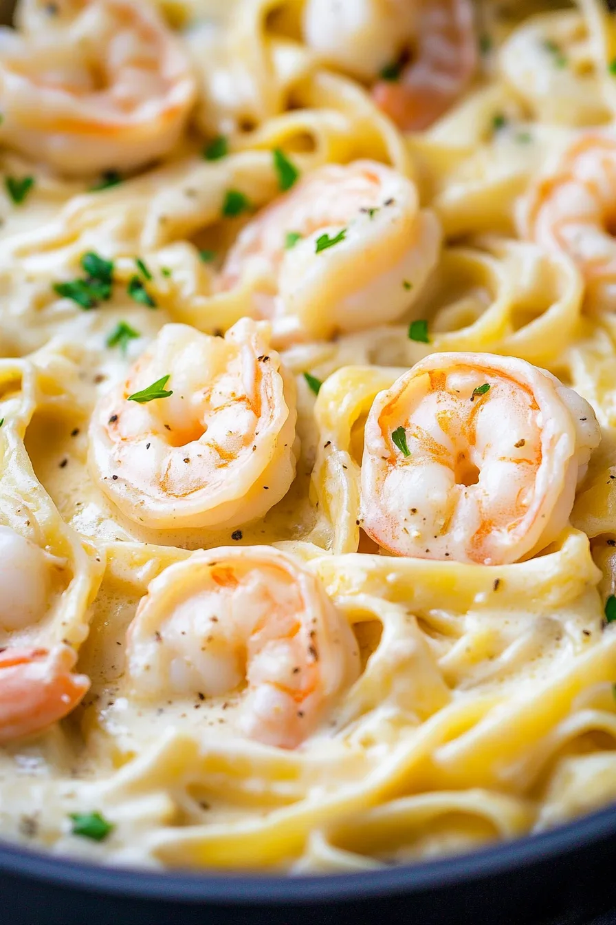 Elegant serving of fettuccine Alfredo with shrimp arranged neatly.