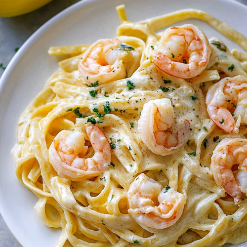 Plate of fettuccine coated in rich white sauce with seafood.