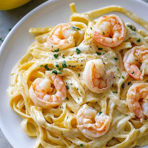 Plate of fettuccine coated in rich white sauce with seafood.