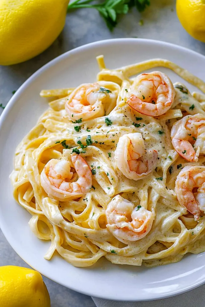 Plate of fettuccine coated in rich white sauce with seafood.