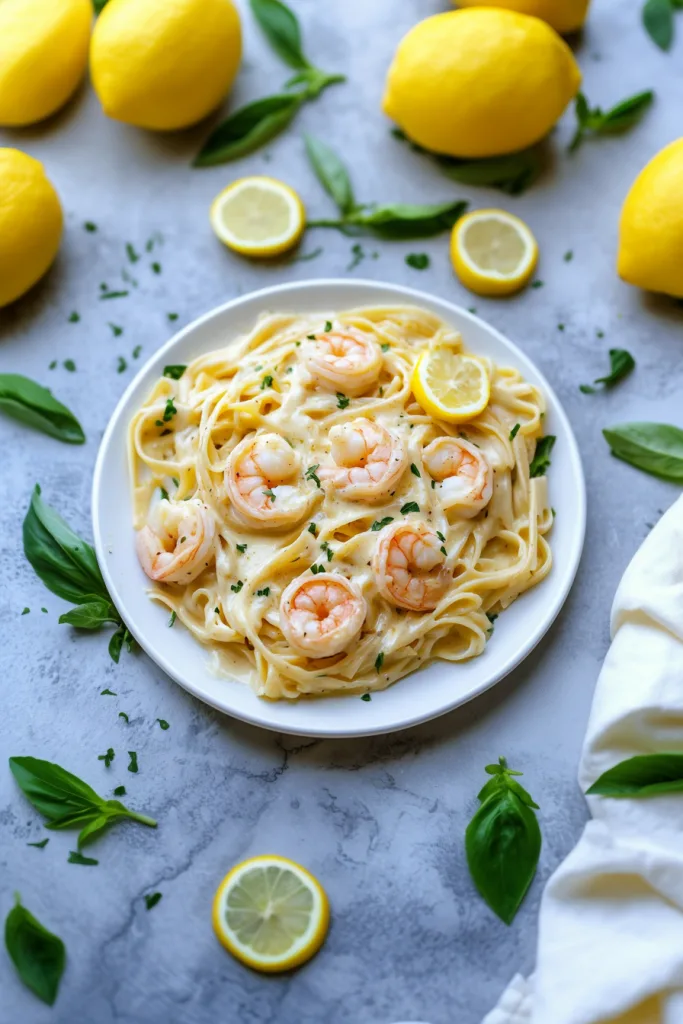 Seafood pasta dish surrounded by fresh lemons and herbs.