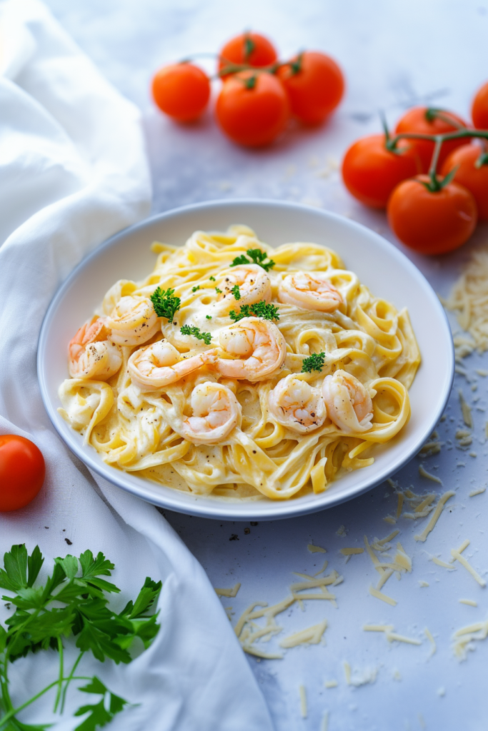 Creamy pasta topped with shrimp and parsley garnish.