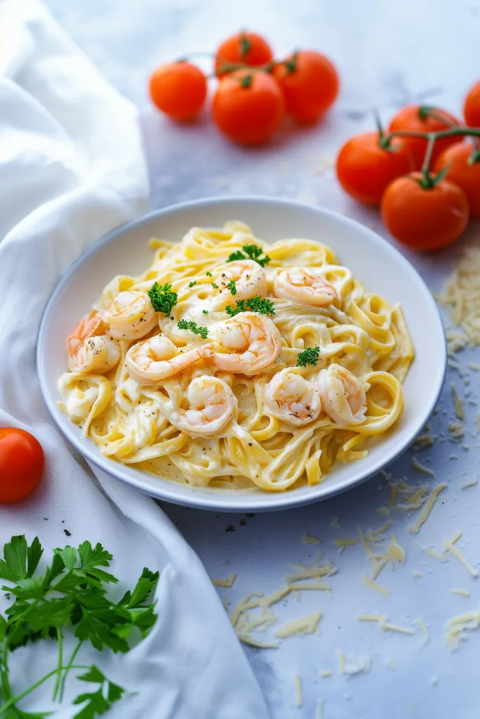 Creamy pasta topped with shrimp and parsley garnish.