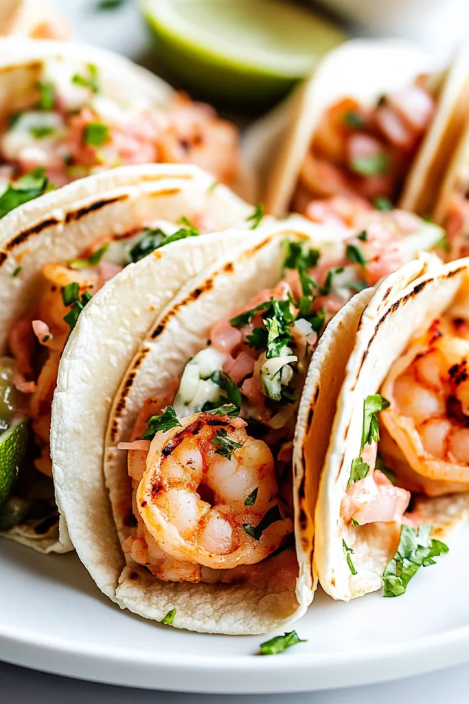 Grilled shrimp tacos topped with cilantro, onions, and fresh salsa in corn tortillas
