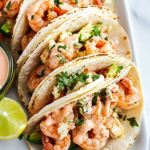 Corn tortillas filled with shrimp, herbs, and sauce arranged neatly on a white plate