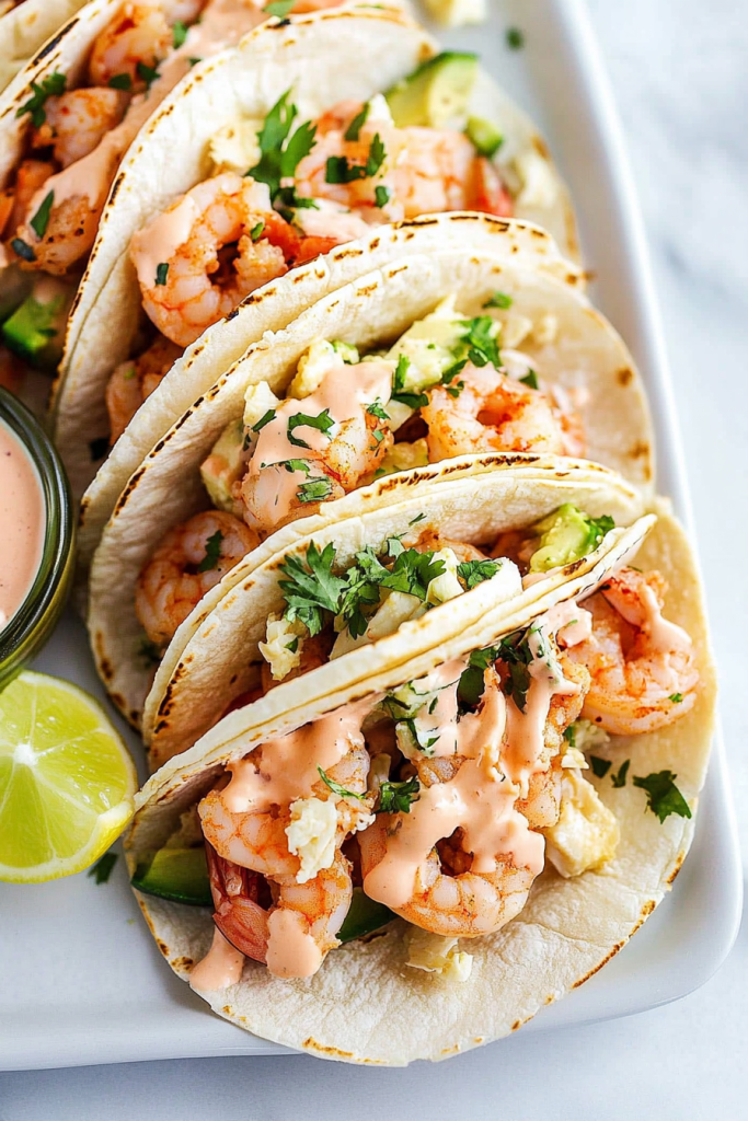 Corn tortillas filled with shrimp, herbs, and sauce arranged neatly on a white plate