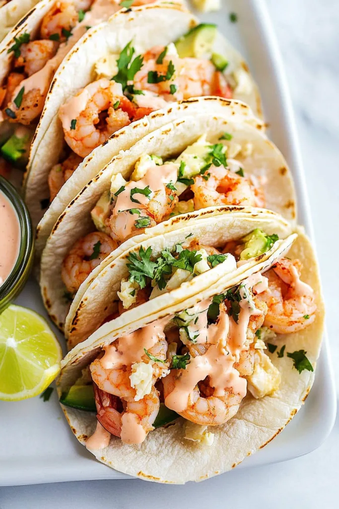 Corn tortillas filled with shrimp, herbs, and sauce arranged neatly on a white plate