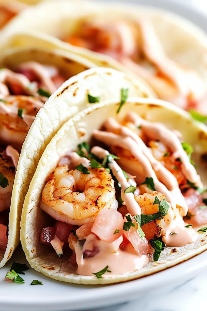 Shrimp tacos with sauce garnished with cilantro and onions for a fresh, appetizing look