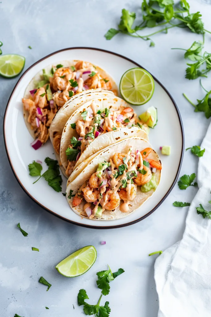 Shrimp tacos served with diced tomatoes, onions, and a lime wedge on the side