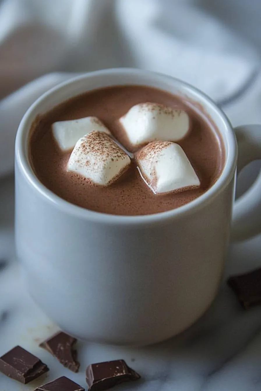 Cup of hot chocolate topped with melting marshmallows.