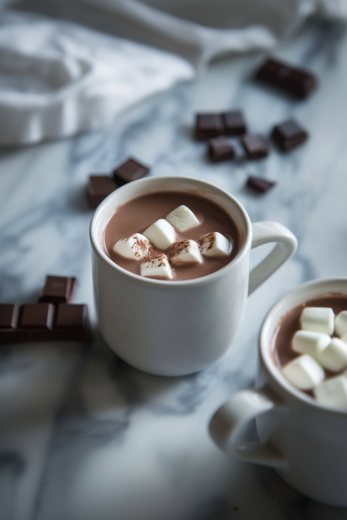 Warm drink in a mug dusted lightly with cocoa powder.