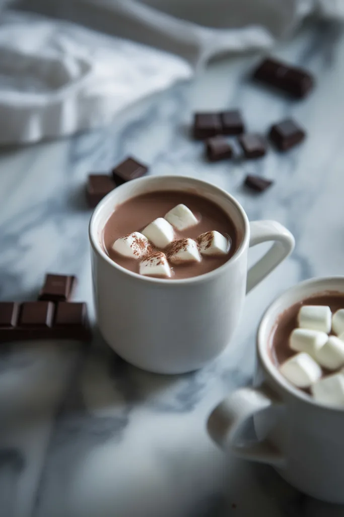 Warm drink in a mug dusted lightly with cocoa powder.